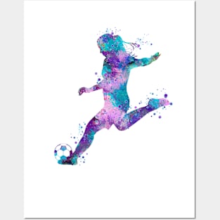 Dynamic Watercolor Soccer Girl Player Art - Vibrant Sports Illustration Posters and Art